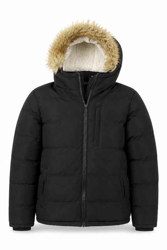 SoulCal & Co Boys Black Hooded Faux Fur Trim Puffer Jacket Size S Winter Coat