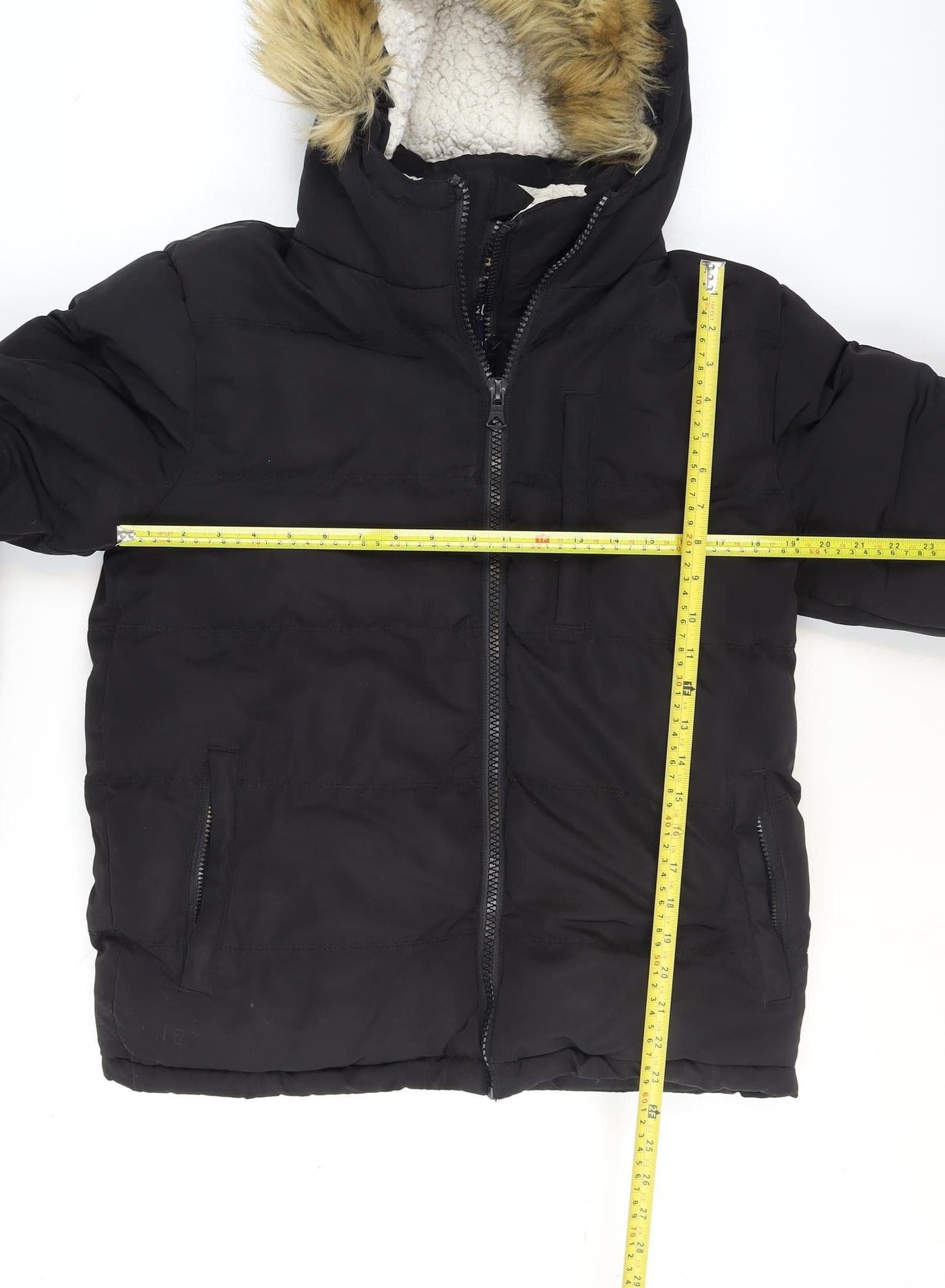 SoulCal & Co Boys Black Hooded Faux Fur Trim Puffer Jacket Size S Winter Coat