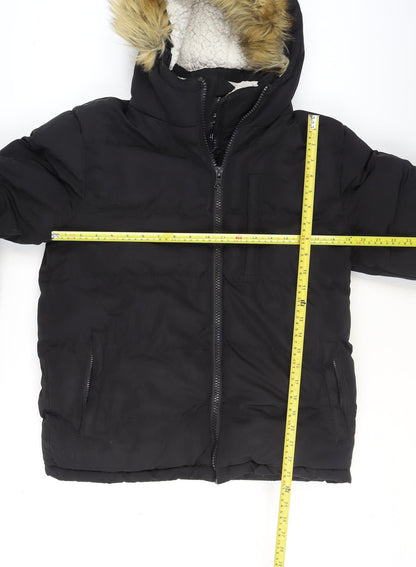 Back view of SoulCal boys’ black hooded faux fur trim puffer jacket, size S, winter coat