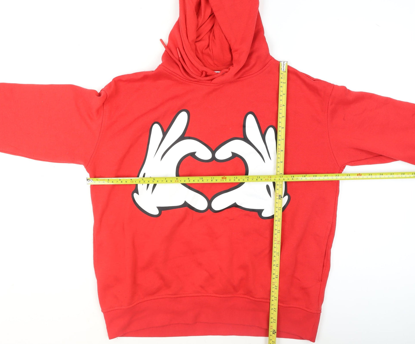 Disney Womens Red Hoodie Small 10/12 Pullover Graphic Mickey Hands Heart