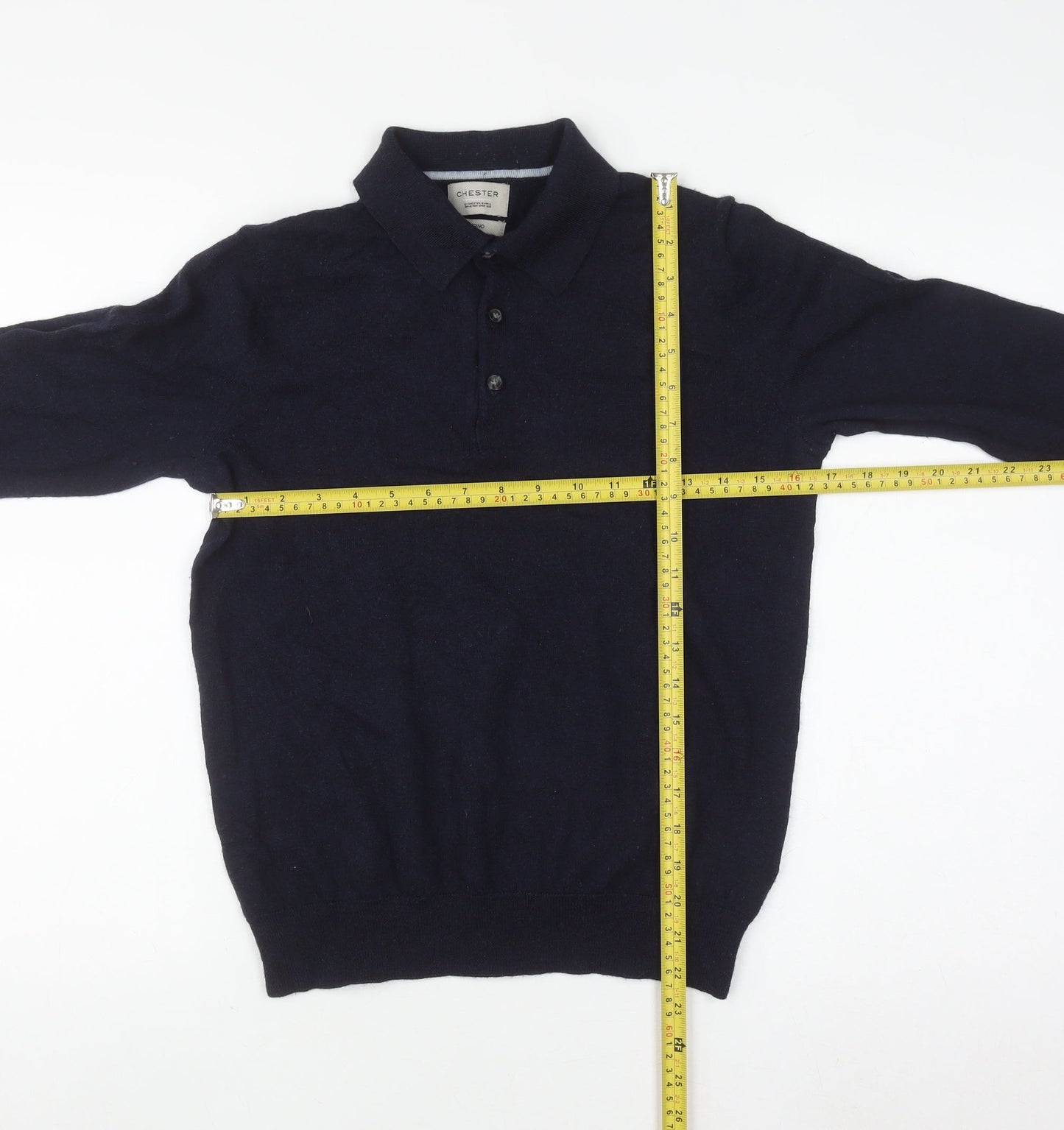 Chester Barrie Men's Blue Merino Wool Long Sleeve Formal Polo Shirt M
