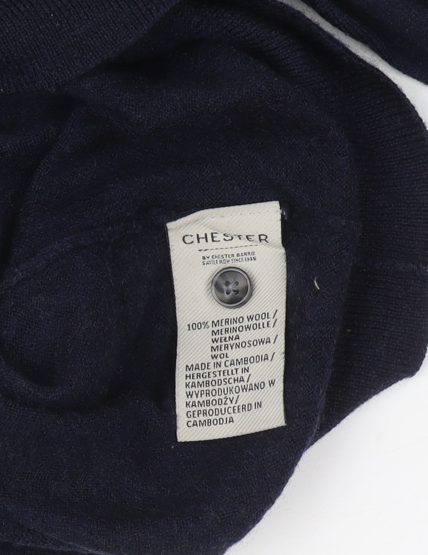 Chester Barrie Men's Blue Merino Wool Long Sleeve Formal Polo Shirt M