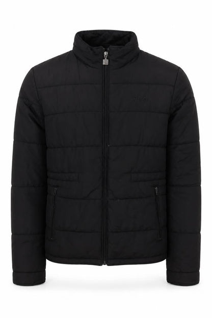 Front view of Fila men’s black puffer jacket m lightweight quilted zip coat