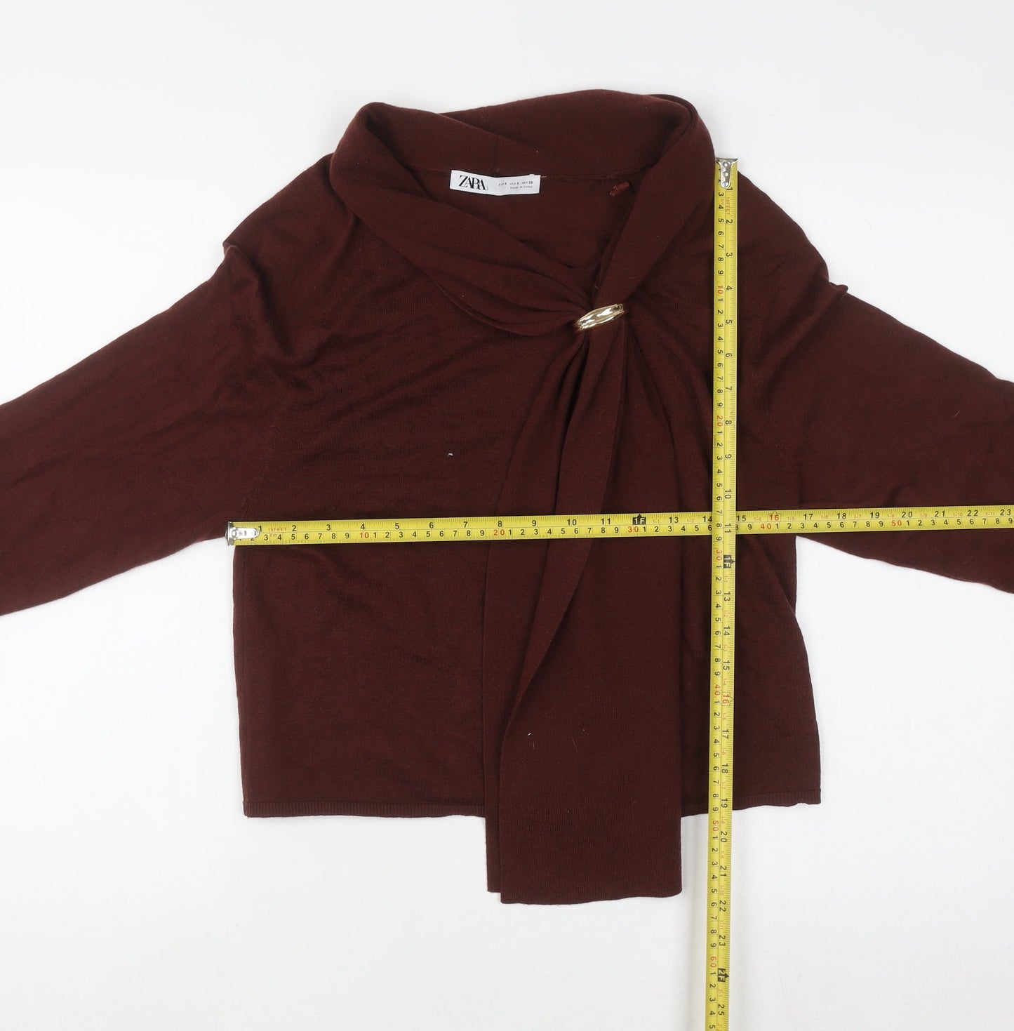 Zara Women Brown Knit Wrap Blouse High Neck Long Sleeve S