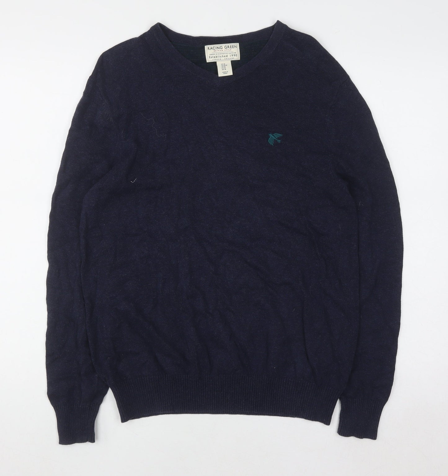 Racing Green Men's Blue Cotton V-Neck Jumper Size M Classic Knitwear