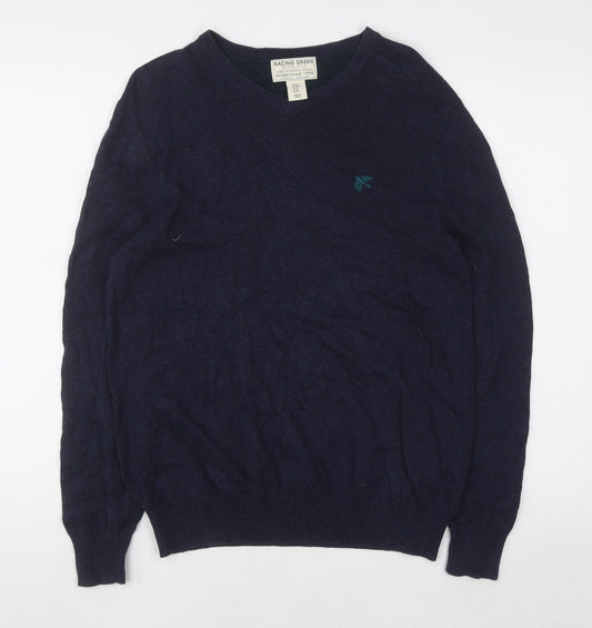 Racing Green Men's Blue Cotton V-Neck Jumper Size M Classic Knitwear