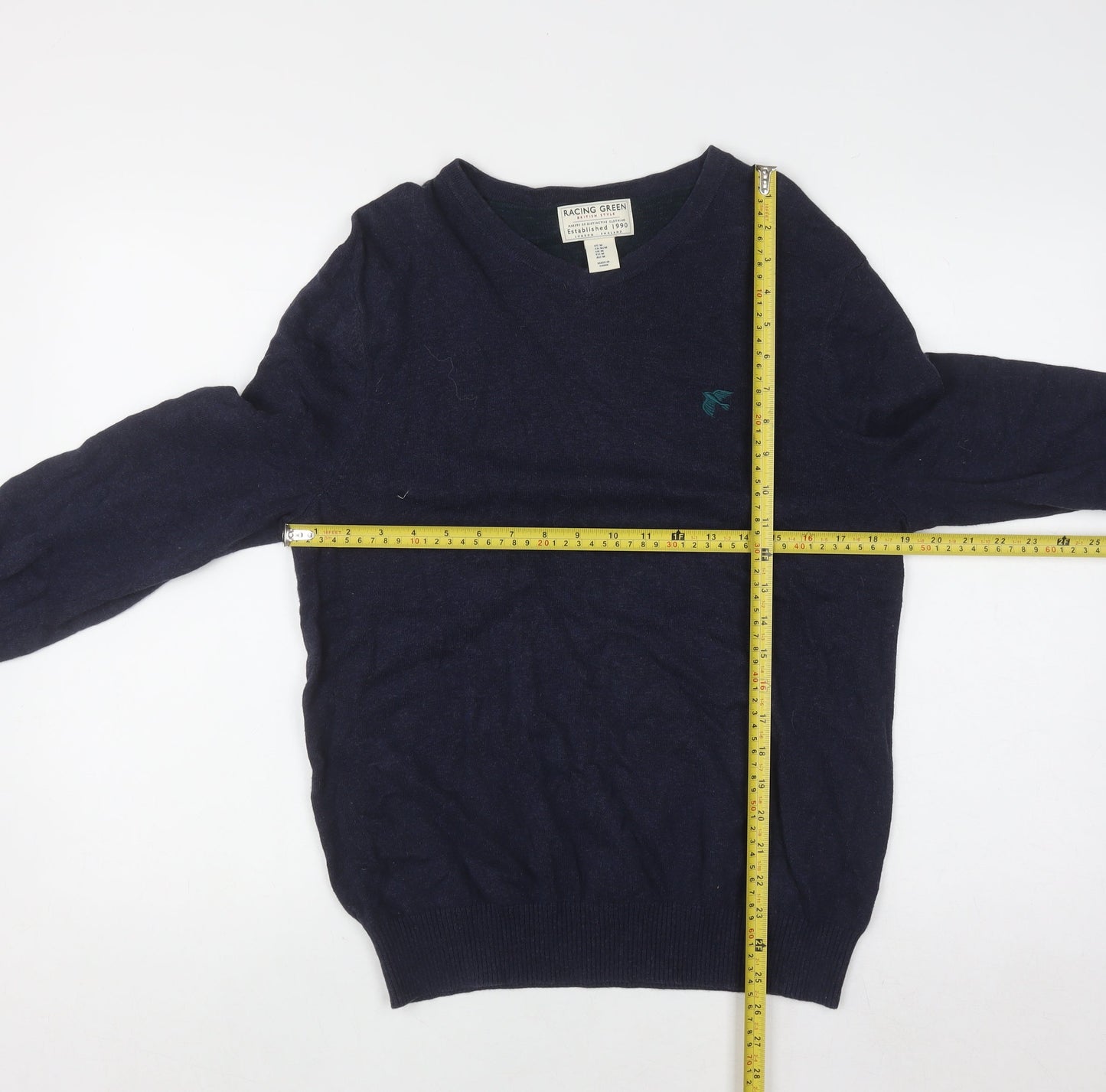 Racing Green Men's Blue Cotton V-Neck Jumper Size M Classic Knitwear
