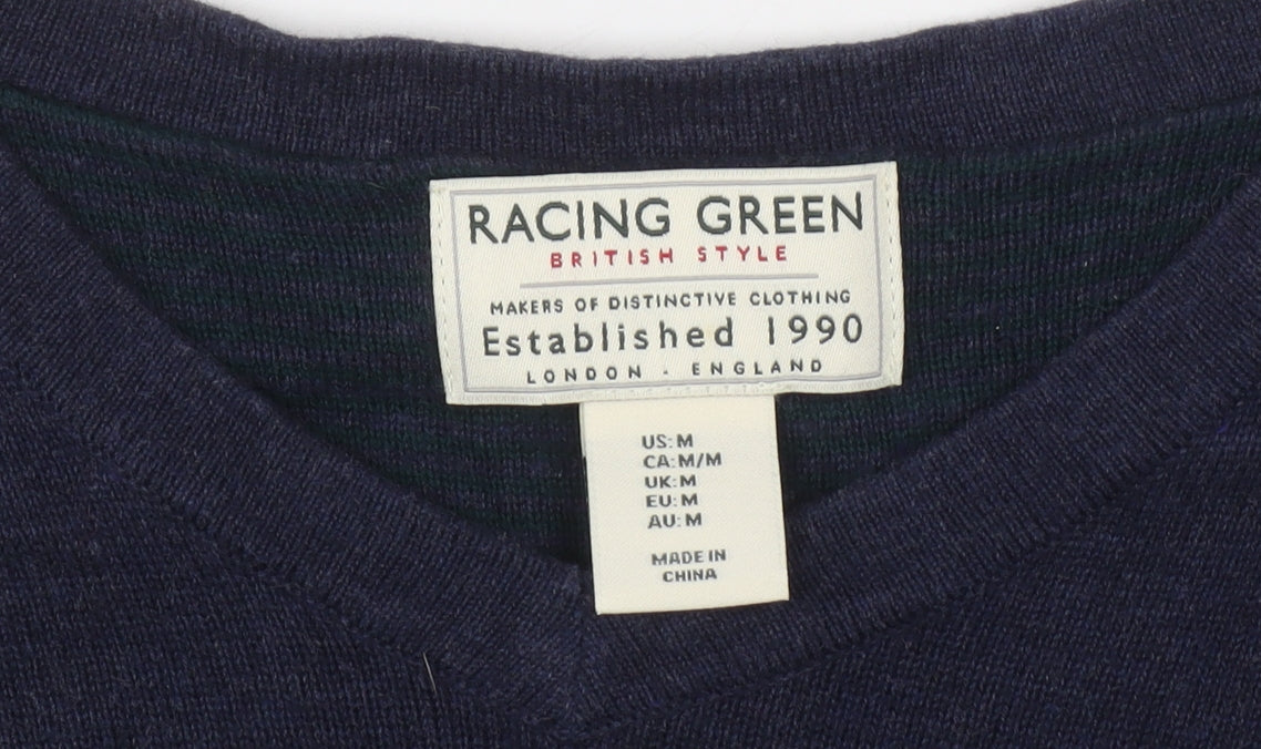 Racing Green Men's Blue Cotton V-Neck Jumper Size M Classic Knitwear