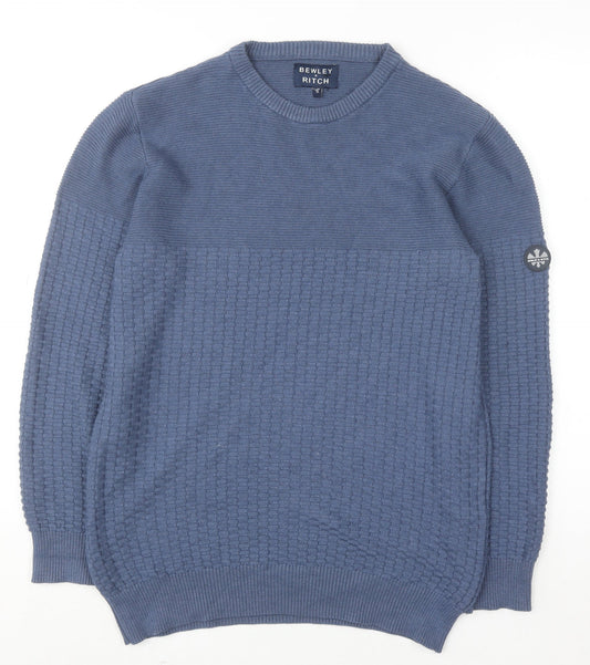 Bewley & Ritch Men’s Blue Medium Crew Neck Waffle Knit Cotton Jumper