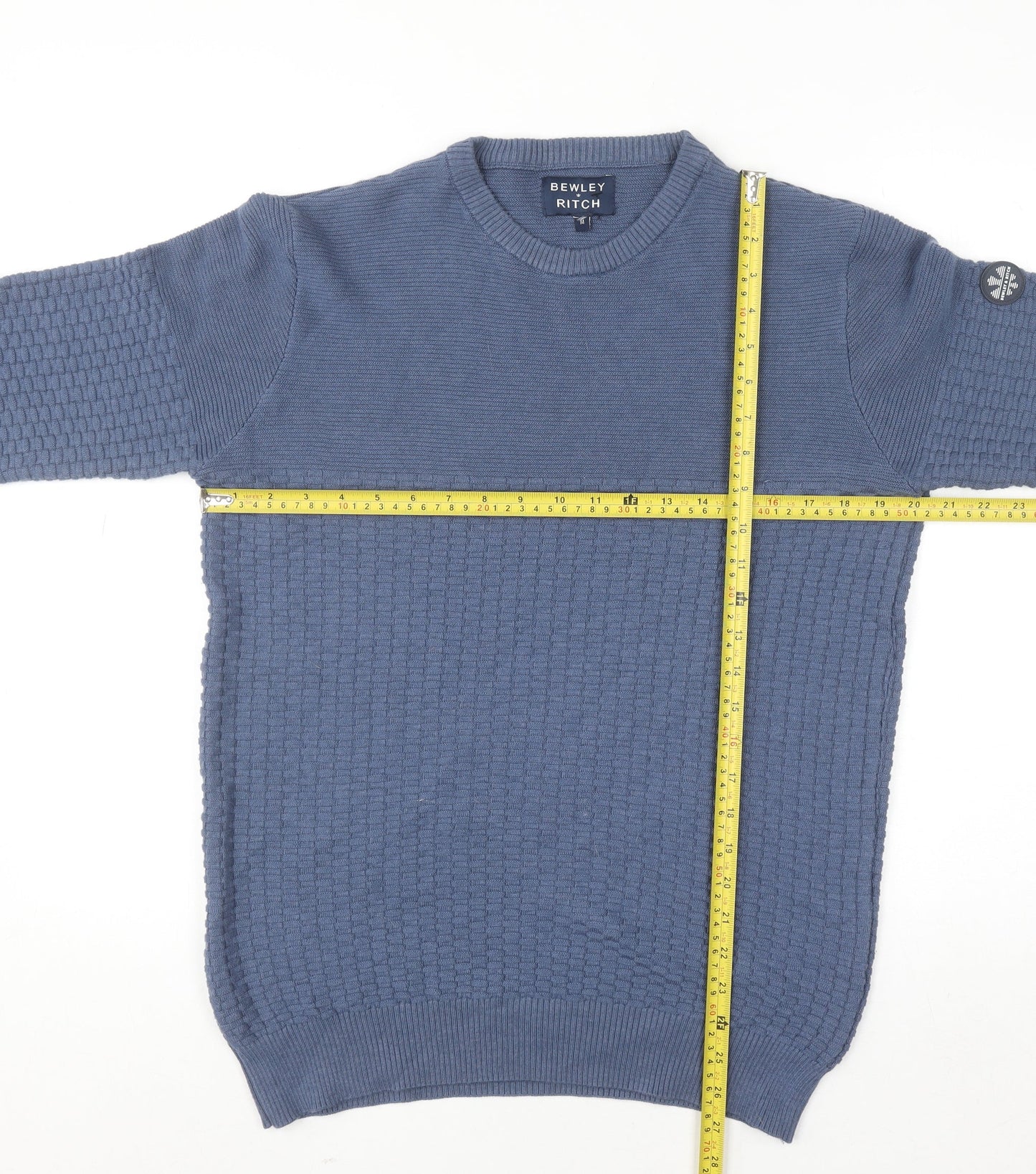 Bewley & Ritch Men’s Blue Medium Crew Neck Waffle Knit Cotton Jumper