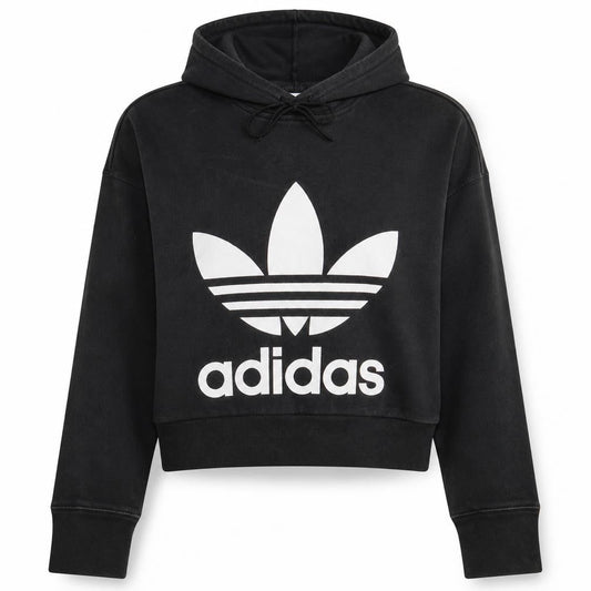 Adidas Women's Black Cropped Hoodie Size 10 Drawstring Hooded Sweatshirt