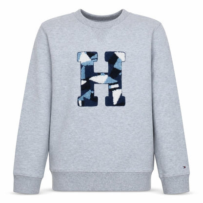 Front view of Tommy Hilfiger boys’ grey pullover sweatshirt, size 164, crew neck logo