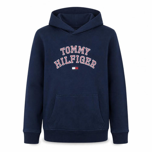 Front view of Tommy Hilfiger boys’ navy pullover hoodie, size 152, cotton blend