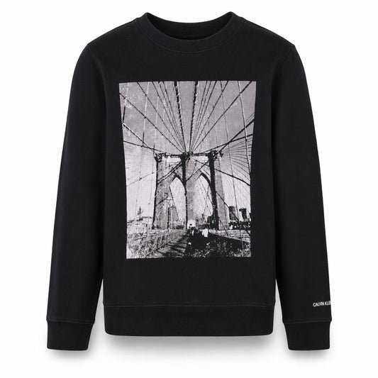Front view of Calvin Klein Jeans boys’ black graphic print pullover sweatshirt age 14