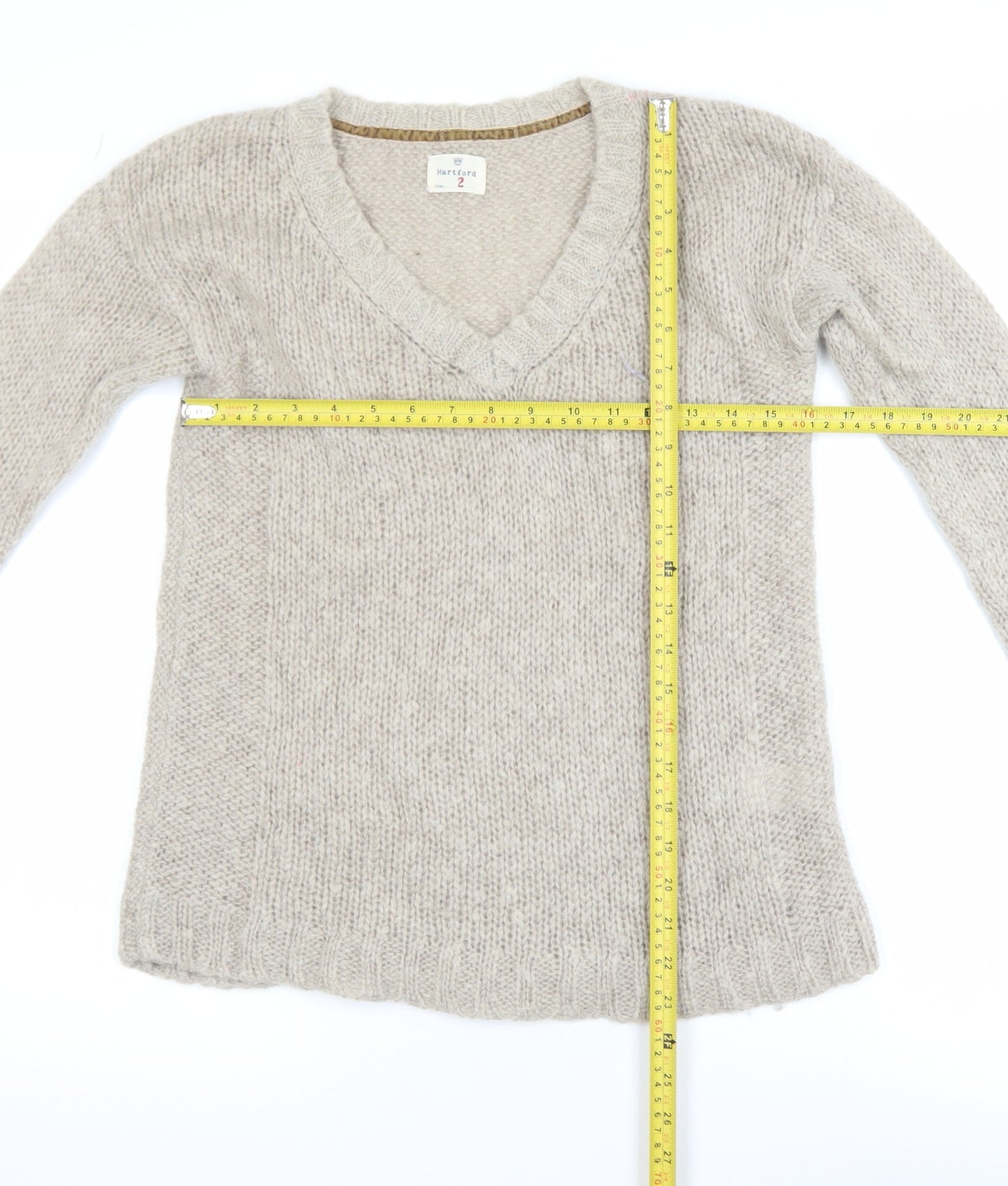 Hartford Women Beige Mohair Wool V-Neck Long Sleeve Pullover Jumper Size 10