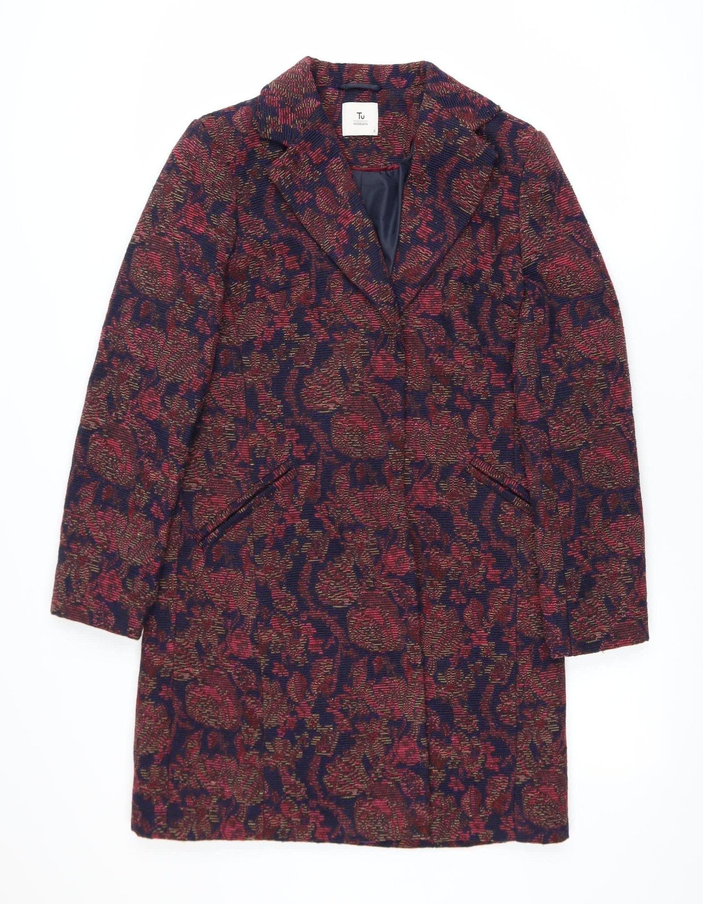 Tu Woman Blue & Red Floral Long Jacket Coat UK 8 Single Breasted