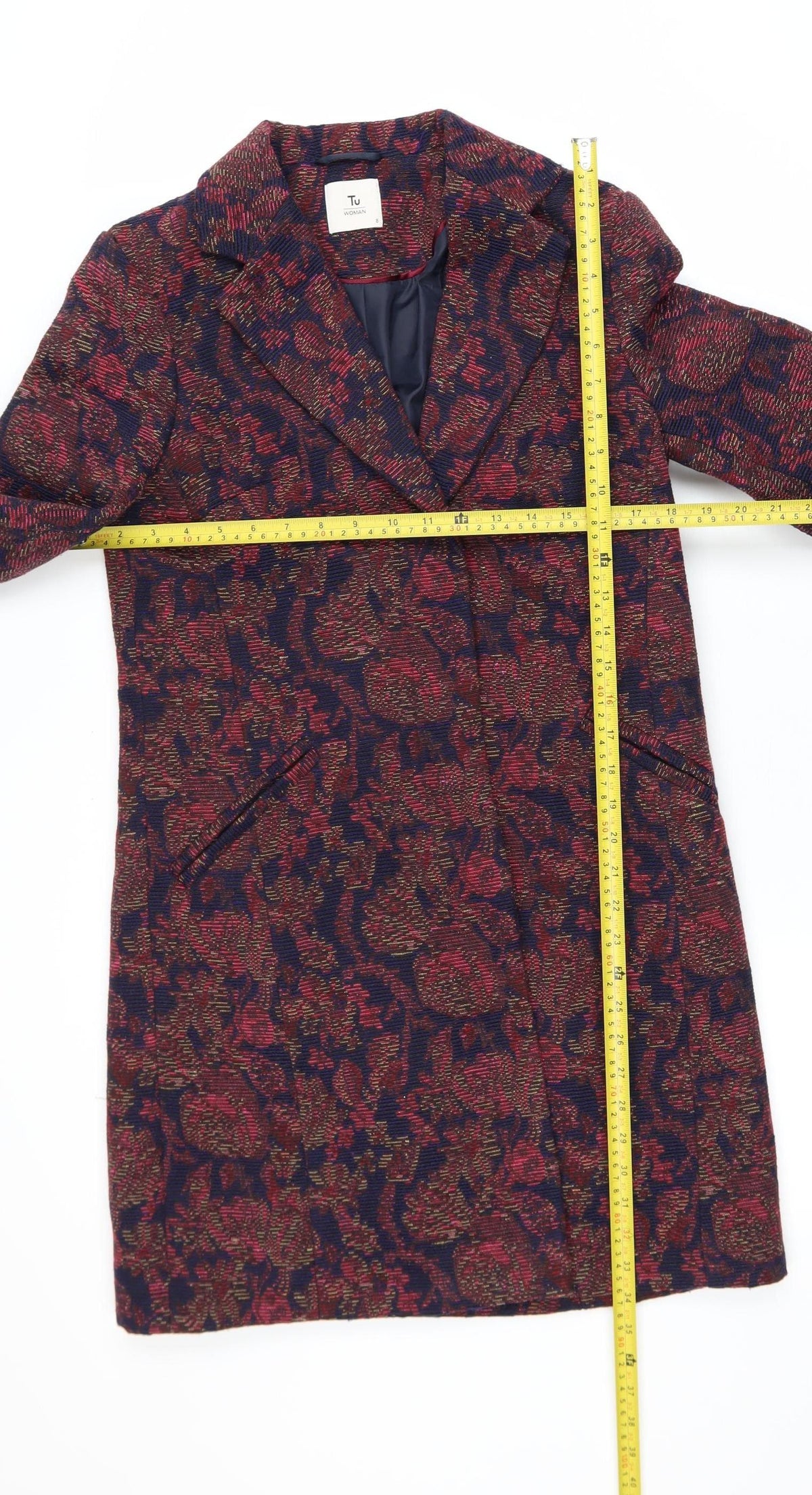 Tu Woman Blue & Red Floral Long Jacket Coat UK 8 Single Breasted