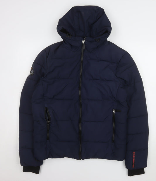 Superdry Men's Blue Puffer Jacket Hooded Zip Size M Winter Casual