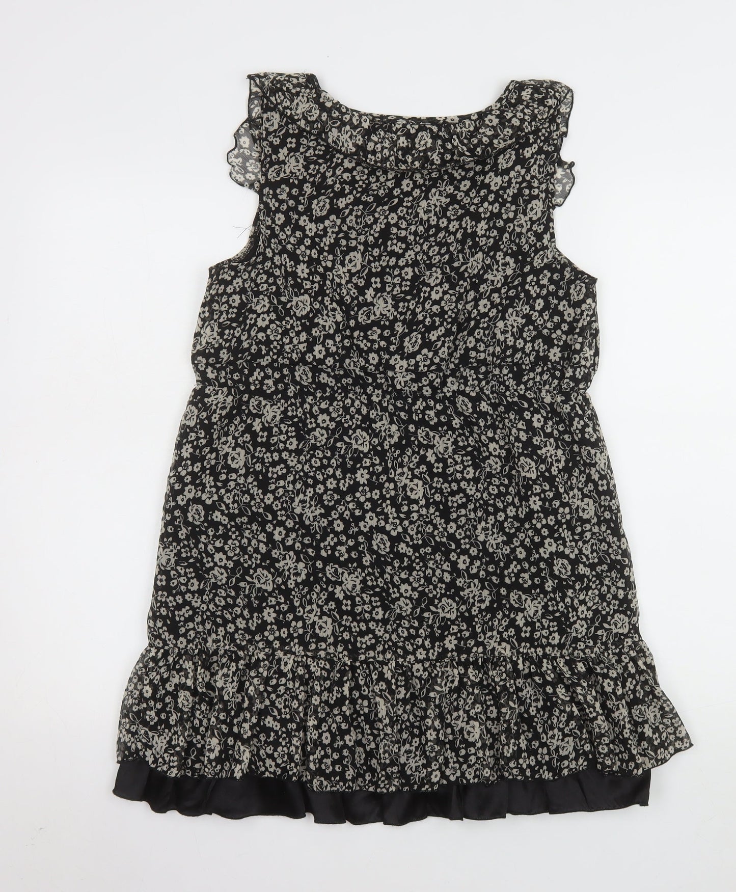Mela Loves London Women’s Black Floral Chiffon Ruffle Tunic Blouse Size S