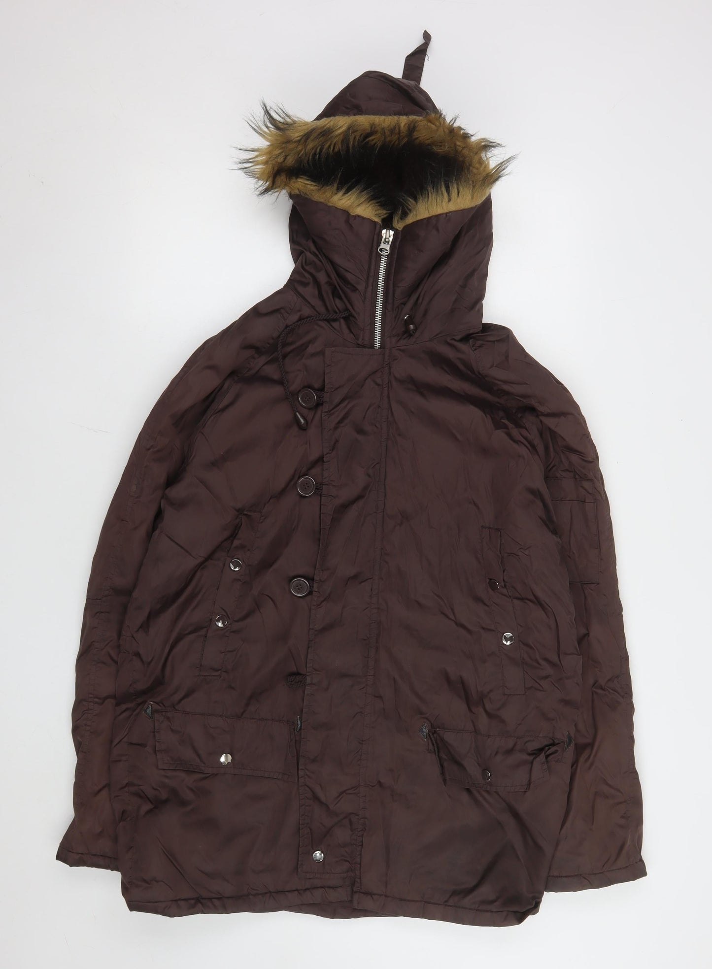 Pop England Women's Brown Faux Fur Trim Hooded Parka Jacket Size S