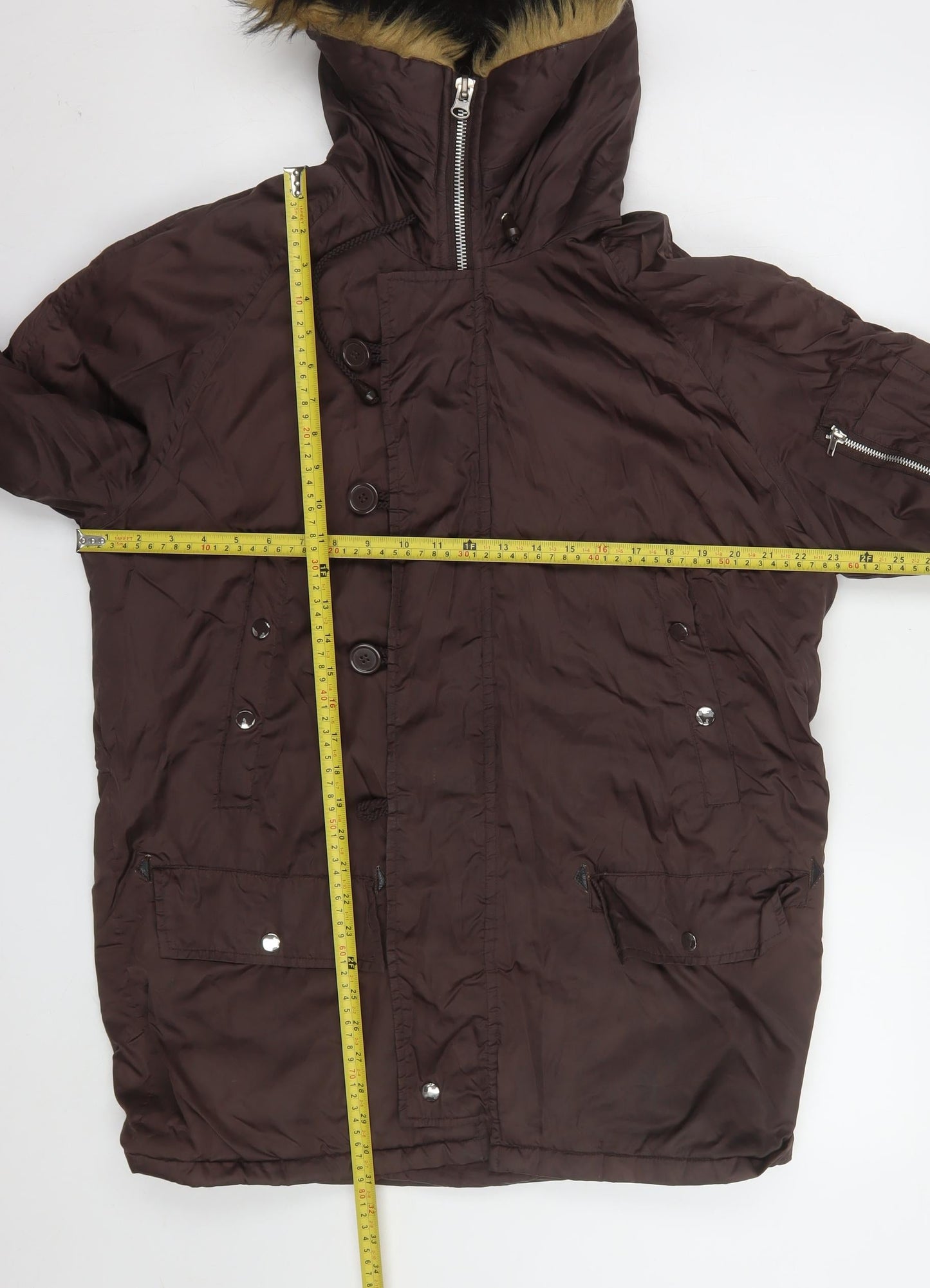 Pop England Women's Brown Faux Fur Trim Hooded Parka Jacket Size S