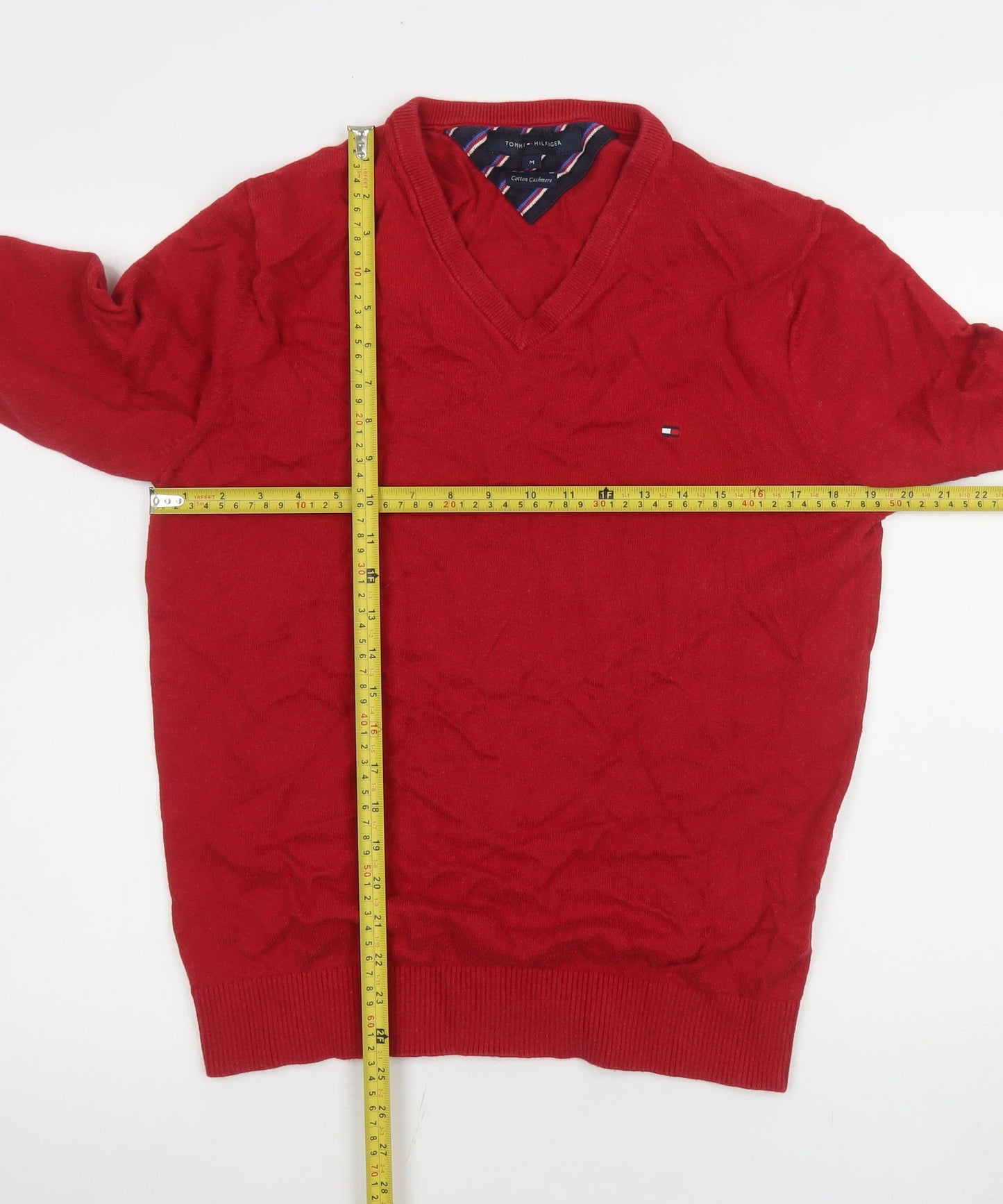 Tommy Hilfiger Men's Red V-Neck Cotton Cashmere Jumper M