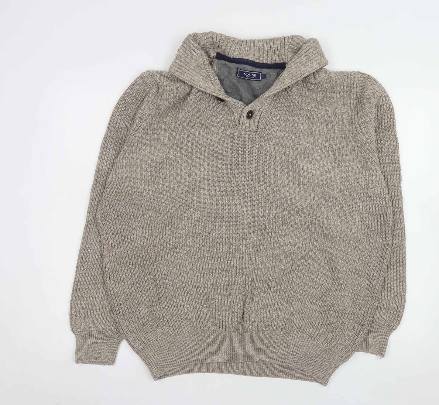 Maine New England Men’s Beige Cotton Henley Jumper L Chunky Knit