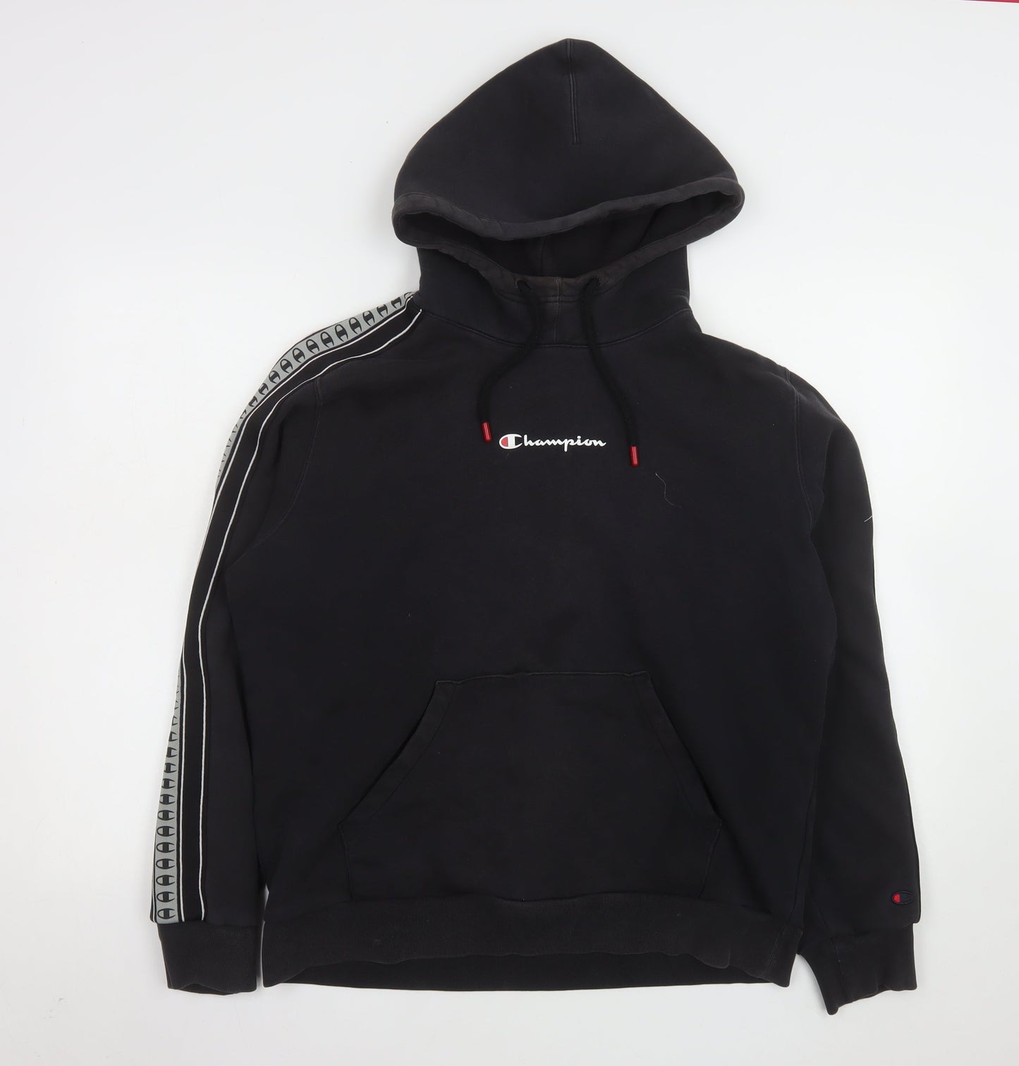 Champion Mens Black Pullover Hoodie L Logo Tape Detail Sportswear