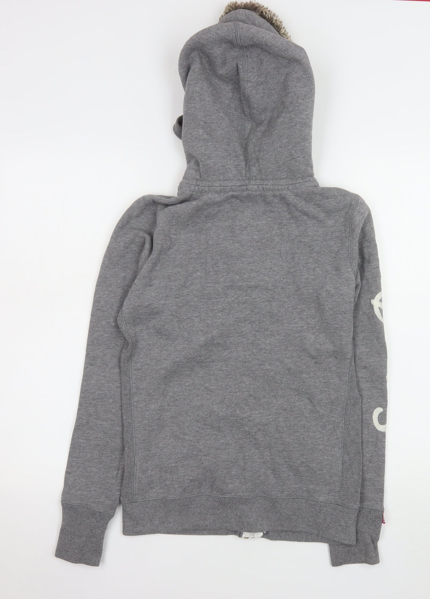 Superdry Womens Grey Hooded Fleece Jacket Size S Faux Fur Lined