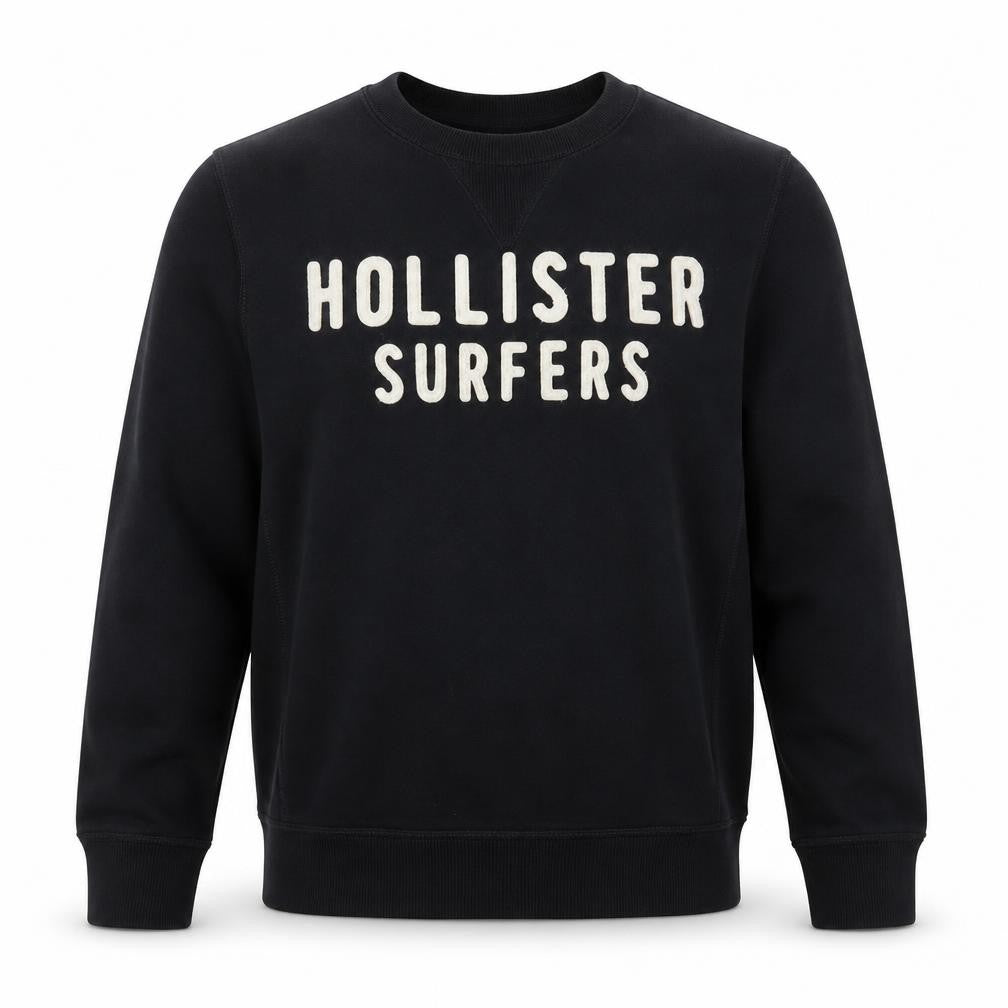 Hollister Men Black Medium Crew Neck Pullover Sweatshirt Surfers Logo