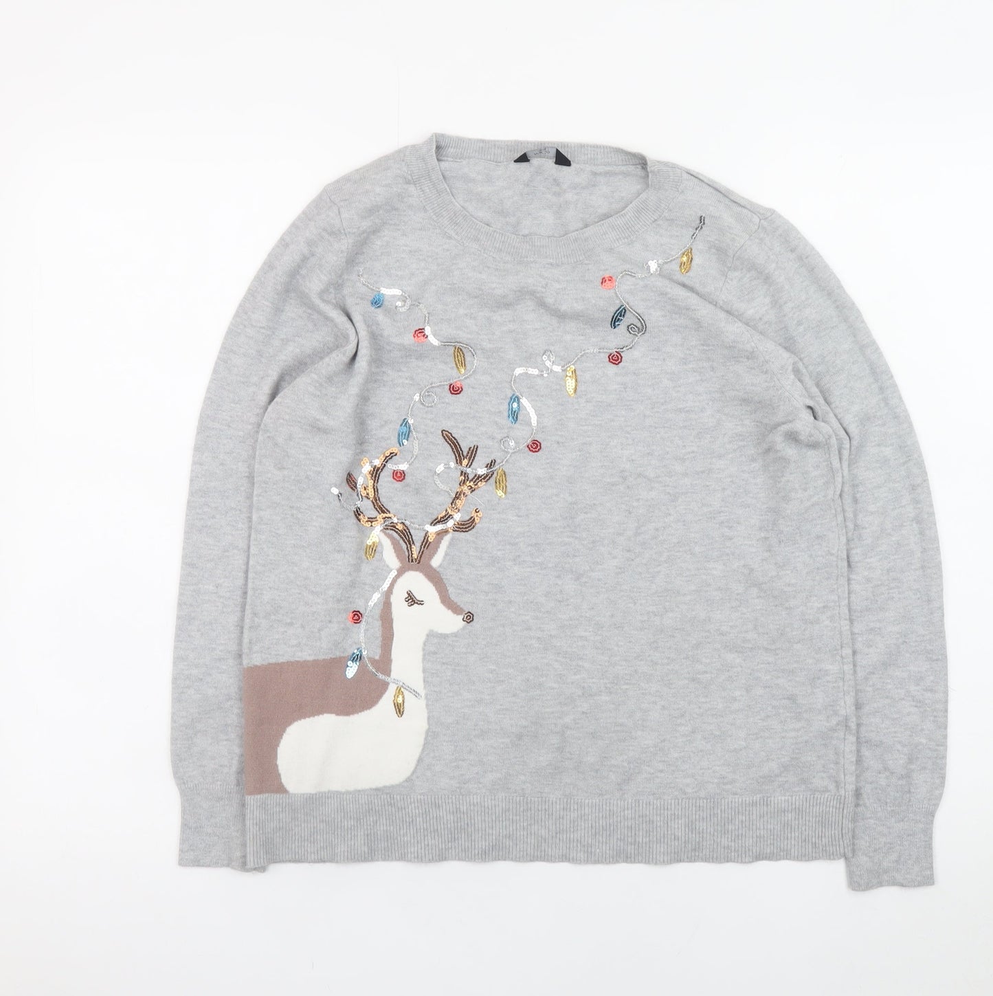 M&Co Women’s Grey Christmas Reindeer Sequin Jumper Size 16