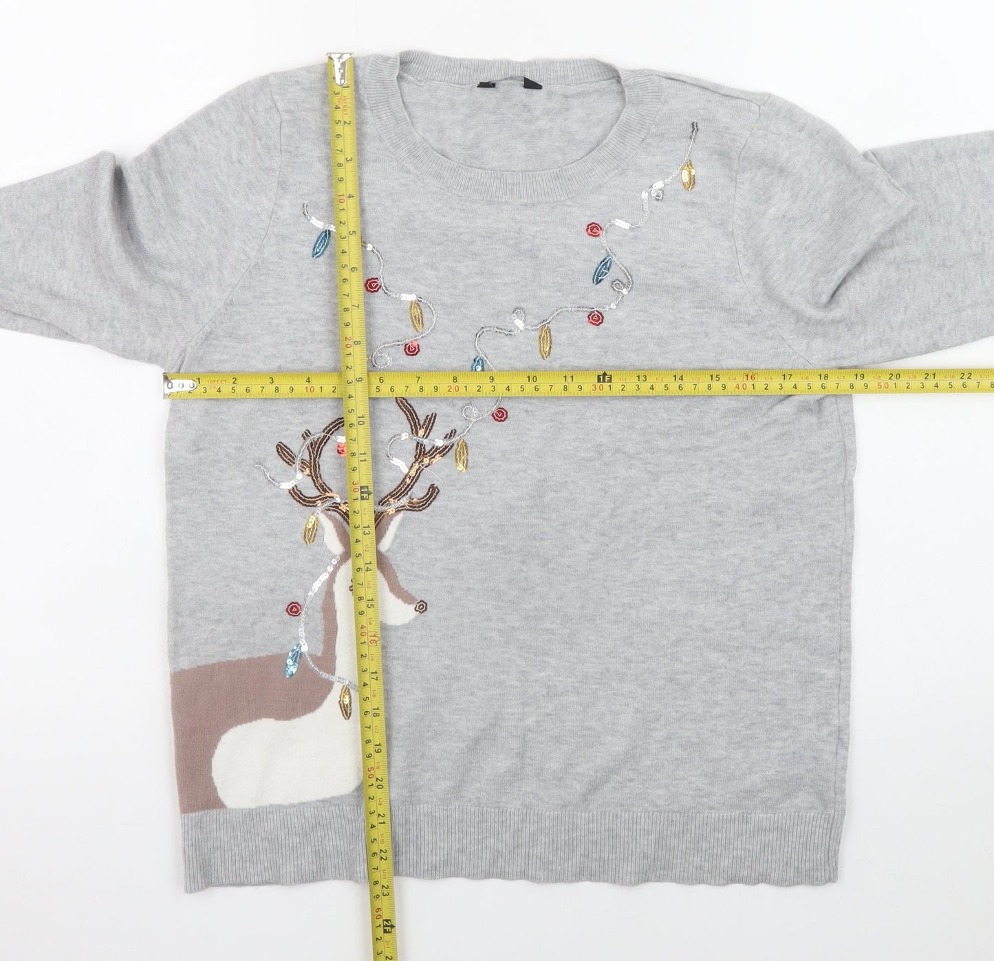 M&Co Women’s Grey Christmas Reindeer Sequin Jumper Size 16