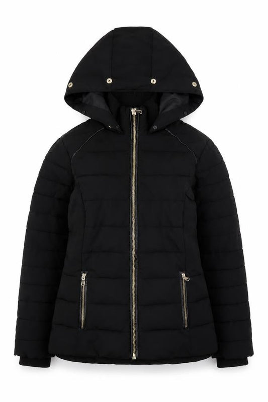 Front view of Miss Selfridge Women’s Black Hooded Puffer Jacket, size UK 8