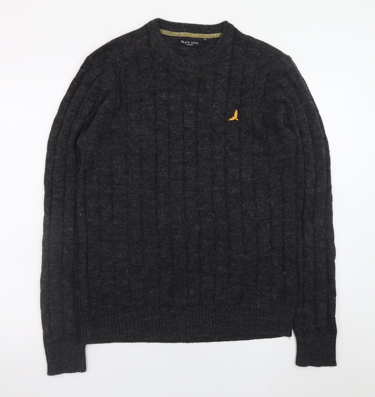 Brave Soul Men's Grey Cable Knit Crew Neck Pullover Jumper XL