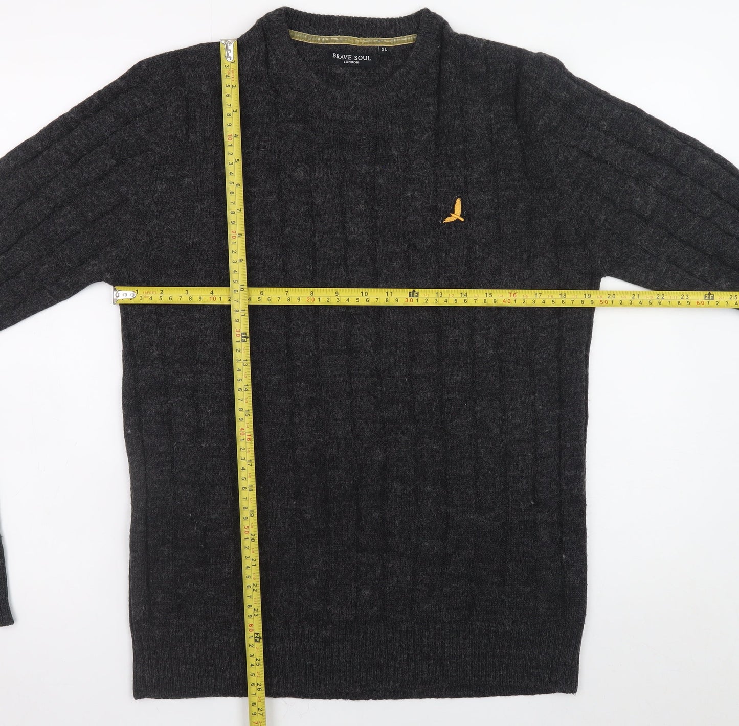 Brave Soul Men's Grey Cable Knit Crew Neck Pullover Jumper XL