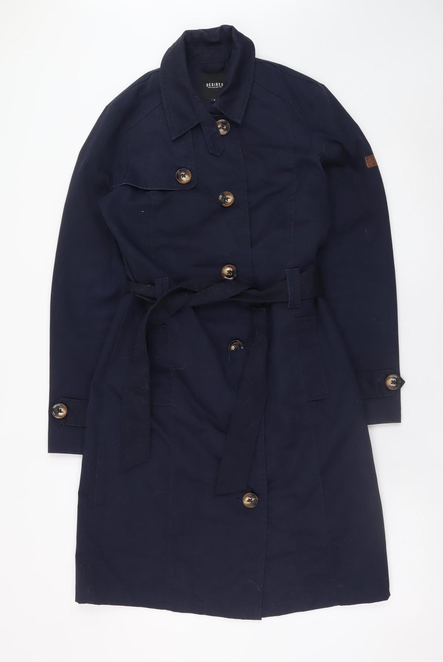 Desires Women's Blue Cotton Trench Coat Belted Long Size S