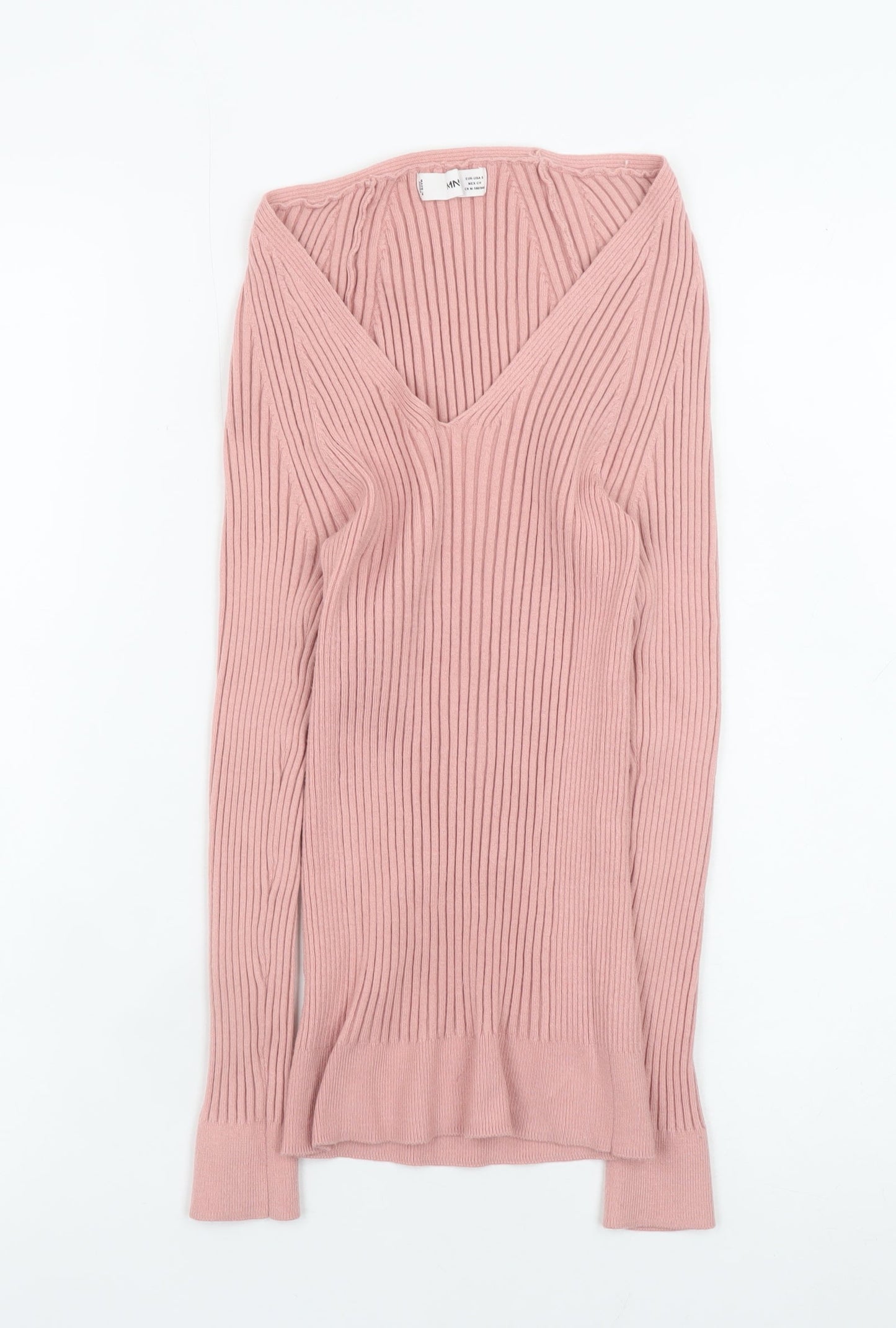 MNG Women’s Pink Ribbed Knit V-Neck Long Sleeve Top Size S
