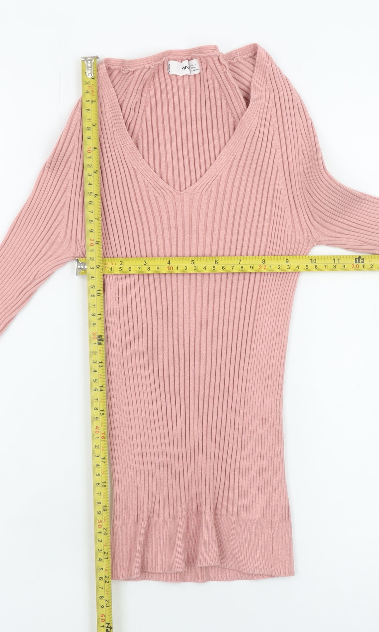 MNG Women’s Pink Ribbed Knit V-Neck Long Sleeve Top Size S