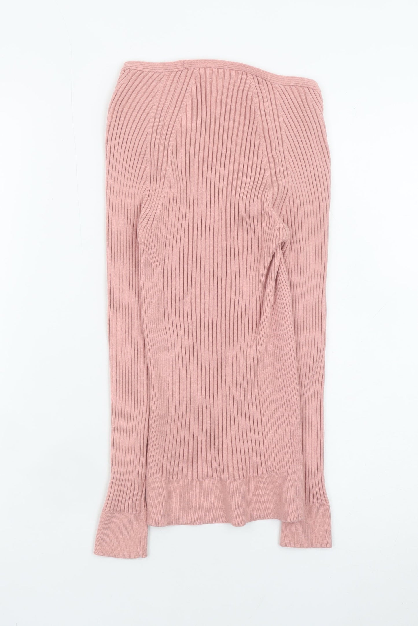 MNG Women’s Pink Ribbed Knit V-Neck Long Sleeve Top Size S