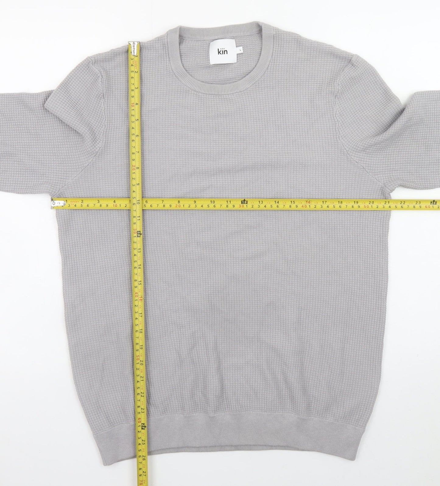Kin Men Grey Waffle Knit Crew Neck Pullover Jumper Size L