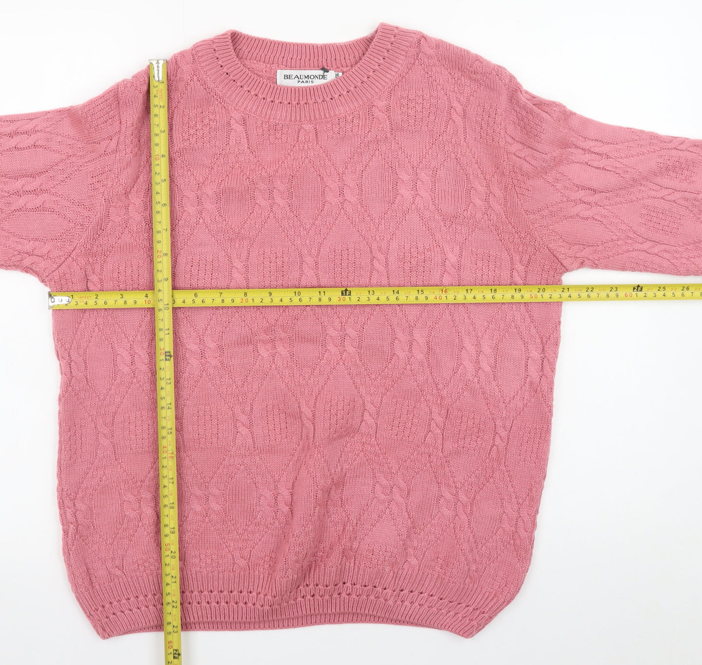 Beaumonde Women Pink Cable-Knit Crew Neck Jumper Size 14