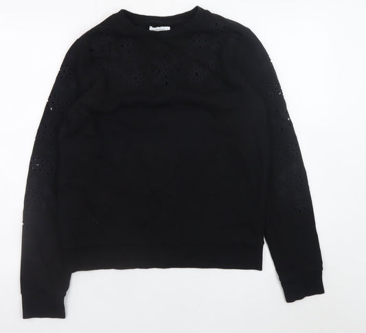 Warehouse Womens Black Small Floral Cutout Pullover Sweatshirt