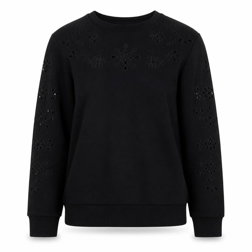 Warehouse Womens Black Small Floral Cutout Pullover Sweatshirt