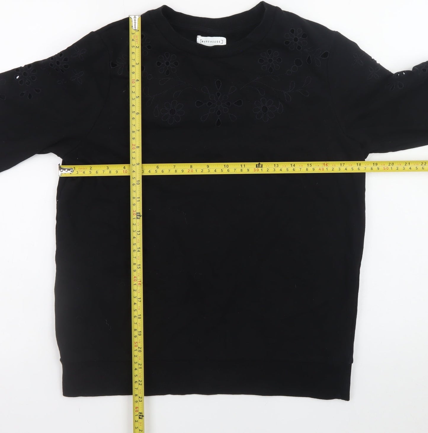 Warehouse Womens Black Small Floral Cutout Pullover Sweatshirt