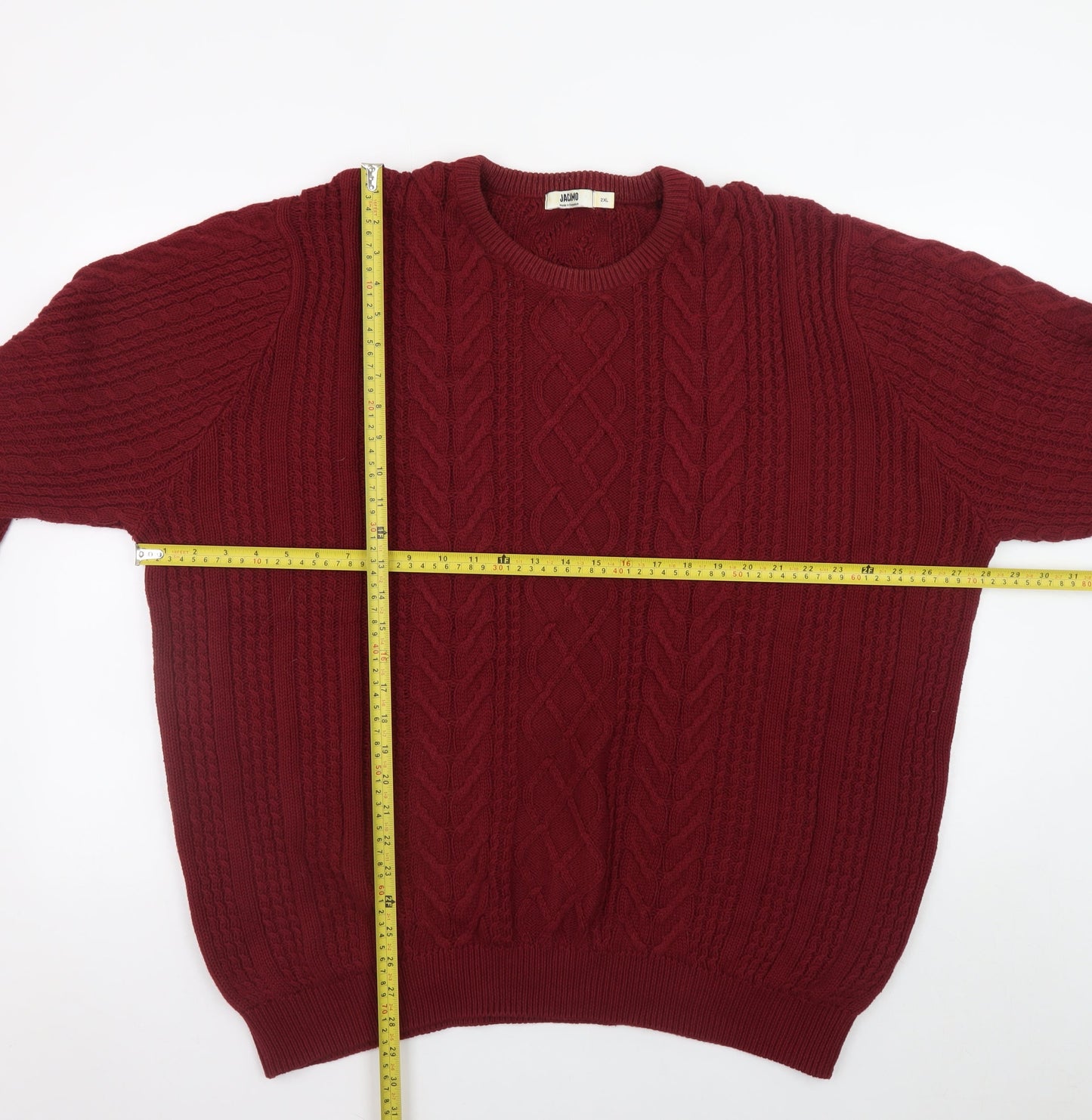 Jacamo Men's Red 2XL Cable-Knit Cotton Crew Neck Jumper