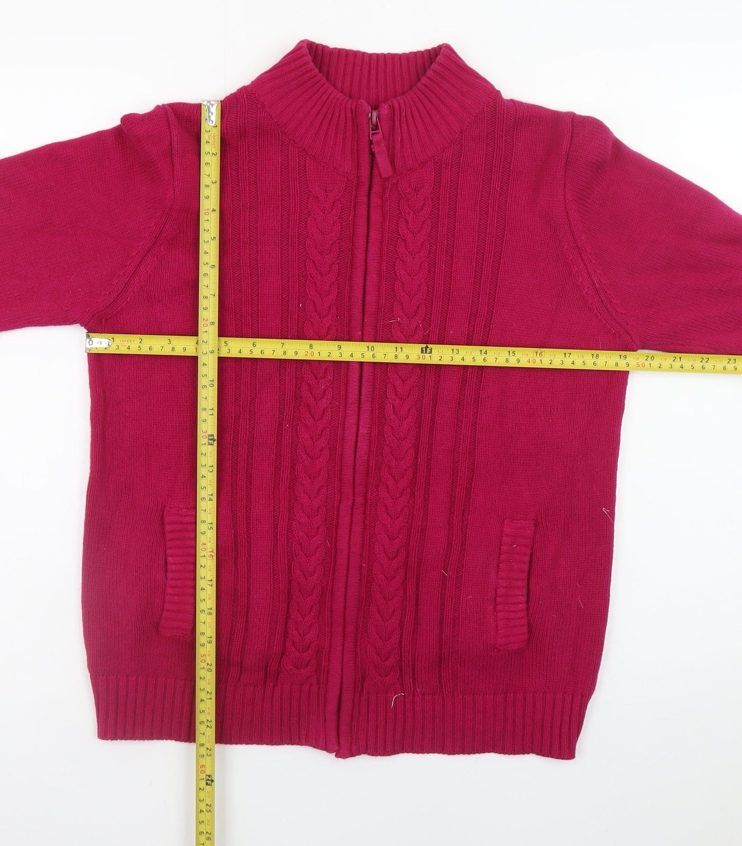 ISLE Essentials Women's Red Cotton Full Zip Cable Knit Jumper Size M 14-16