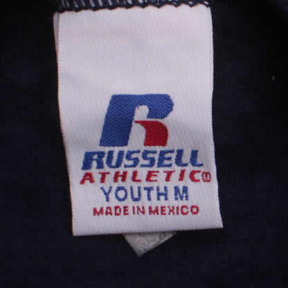 Close-up detail of Russell Athletic boys’ black medium pullover crew neck sweatshirt