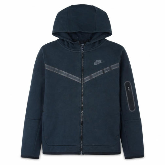 Front view of Nike boys’ black xl full zip fleece hoodie with logo and hood