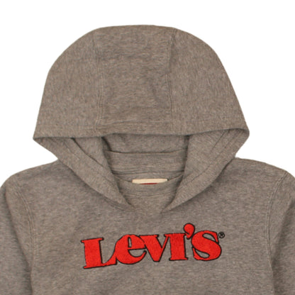 Brand and care label for Levi's boys’ grey pullover hoodie 12 years graphic logo hooded sweatshirt