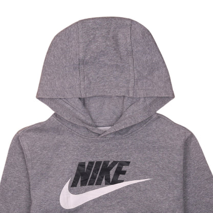 Brand and care label for Nike boys’ grey xl pullover fleece hoodie with logo print